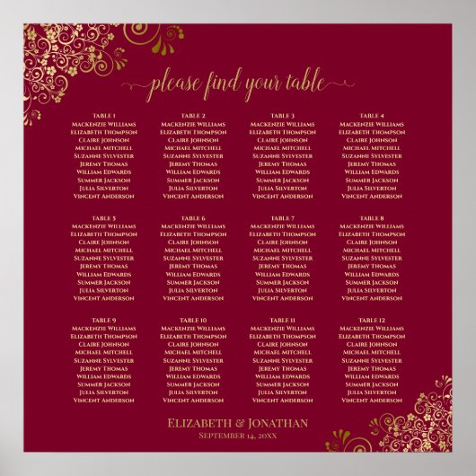 Elegante 12 Tabelle Burgundy & Gold Seating Chart Poster (Vorne)