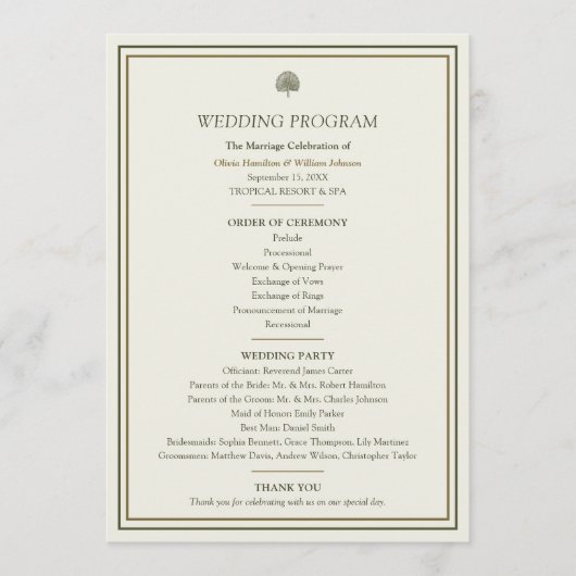 Elegante 12x18 Ivory & Gold Tropical Palm Wedding Programm (Vorderseite)