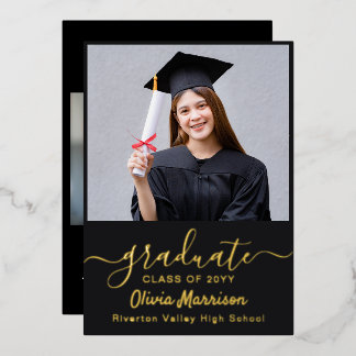 Elegante 2 Foto Graduation Party Moderne Schwarz Folieneinladung