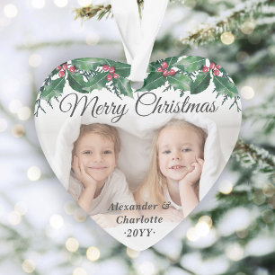 Elegante 2-Foto-Stechpalmen-Grün-Weihnachtsgrüße Ornament