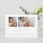 Elegante 2 Fotos Champagne Gold Wedding Save The Date (Stehend Vorderseite)