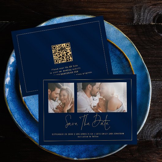 Elegante 2 Fotos Gold Navy Blue Wedding Save The Date