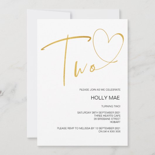 Elegante 2. Geburtstag Einladung 2 Herz Gold (Vorderseite)