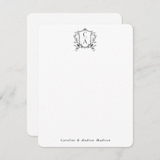Elegante 2 Monogramm Wappen Chic Couple Stationery Mitteilungskarte (Vorne/Hinten)