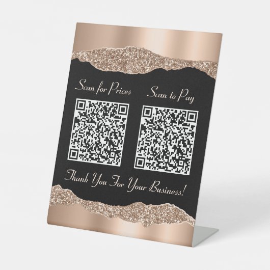 Elegante 2 QR Codes Rose Gold Glitzer Black Sockelschild (Vorderseite)