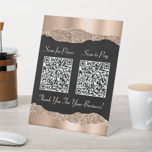 Elegante 2 QR Codes Rose Gold Glitzer Black Sockelschild (In SItu)