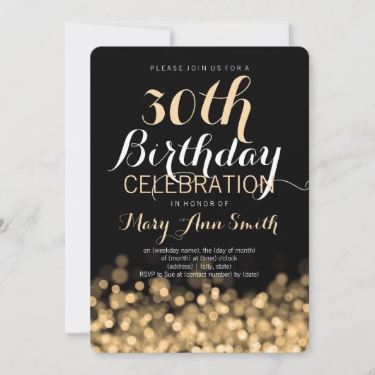 Elegante 30. Geburtstags-Party-Goldlichter Einladung (Vorderseite)