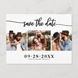 Elegante 3-Foto-Collage Hochzeit Save The Date Postkarte