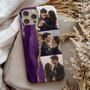 Elegante 3-Foto-Collage-Namen Lila Gold Achat Case-Mate iPhone Hülle