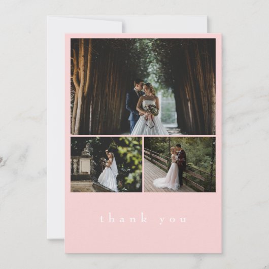 Elegante 3 Foto Rosa Minimalistische Hochzeit Dankeskarte (Vorderseite)