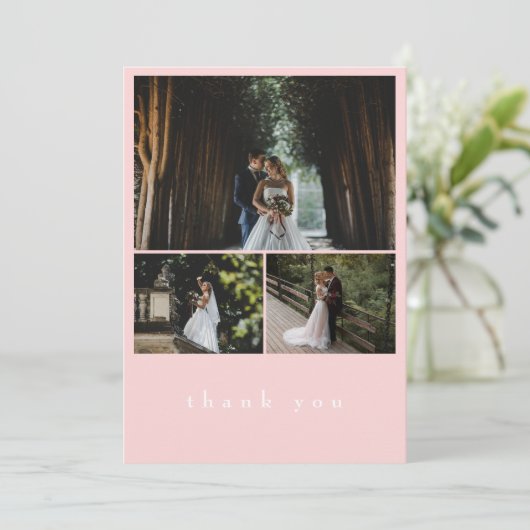 Elegante 3 Foto Rosa Minimalistische Hochzeit Dankeskarte (Stehend Vorderseite)