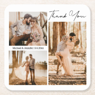 elegante 3 Fotos vielen Dank Gastgeschenk Hochzeit Rechteckiger Pappuntersetzer