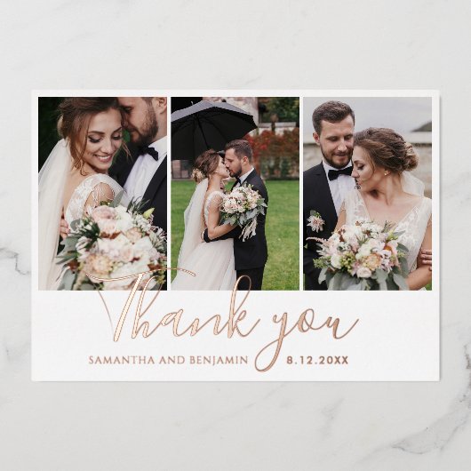 Elegante 3 Hochzeiten Fotos Danke Gold Foil Card Folieneinladung (Vorderseite)