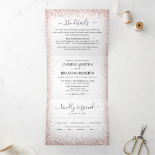 Elegante 3 in 1 Roségold Glitter Hochzeit Dreifach Gefaltete Einladung
