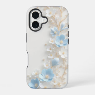 Elegante 3D-blaue und weiße Blumen-Pearl-iPhone-Hü iPhone 16 Hülle
