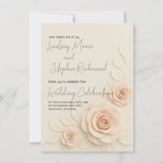 Elegante 3D Blush Rose Hochzeit Einladung Romantis (Vorderseite)