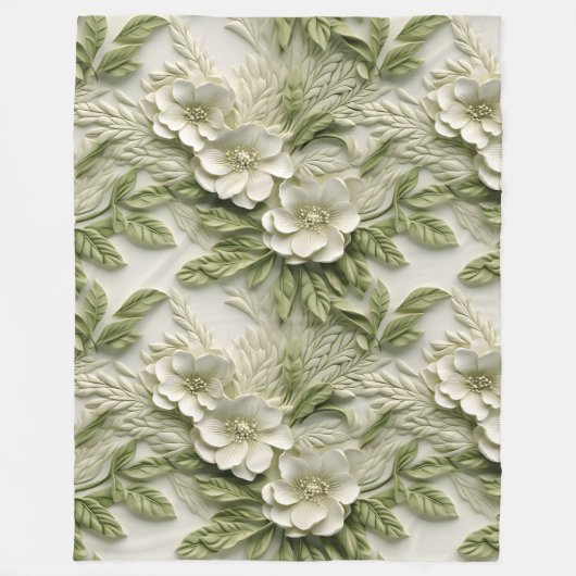 Elegante 3D Flora Relief Olive & Ivory Fleecedecke (Vorderseite)