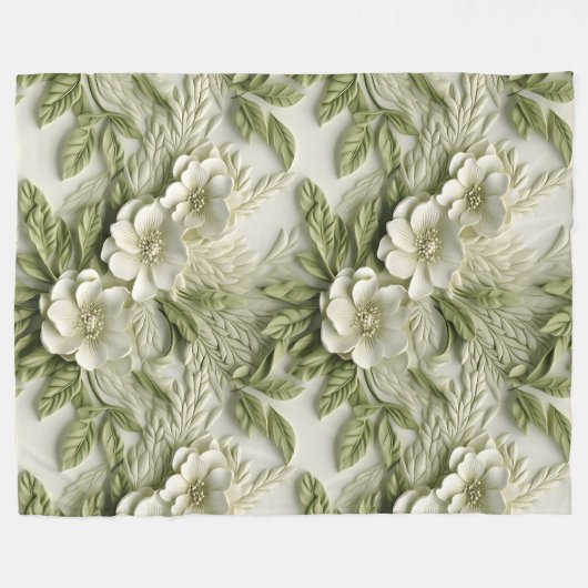 Elegante 3D Flora Relief Olive & Ivory Fleecedecke (Vorderseite (Horizontal))