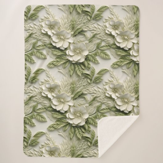 Elegante 3D Flora Relief Olive & Ivory Sherpadecke (Vorderseite)