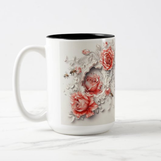 Elegante 3D-Rose, Bienen und botanische Schönheit Zweifarbige Tasse (Links)