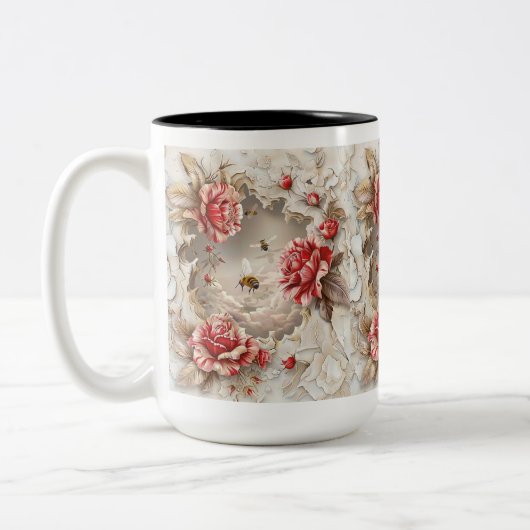Elegante 3D-Rose, Bienen und botanische Schönheit Zweifarbige Tasse (Links)