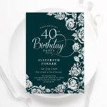 Elegante 40. Geburtstag Smaragdgrüne Silberne Rose Einladung<br><div class="desc">Smaragdgrün silber florale 40. Geburtstag Party Einladung. Elegantes Design mit Rose,  Imitaten silberne Folie und Typografie Script Schriftart. Die trendige Einladungskarte eignet sich perfekt für eine stilvolle Damenfeier. Kann für jedes Alter angepasst werden. Personalisieren Sie Ihre persönlichen Daten. Gedruckte Zazzle-Einladungen oder Sofortdownload digitaler Druckvorlage.</div>