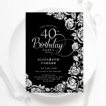 Elegante 40. Geburtstags Black Silver Rose Einladung<br><div class="desc">Schwarz-Silber-Blüte 40. Geburtstag Party Einladung. Elegantes Design mit Rose,  Imitaten silberne Folie und Typografie Script Schriftart. Die trendige Einladungskarte eignet sich perfekt für eine stilvolle Damenfeier. Kann für jedes Alter angepasst werden. Personalisieren Sie Ihre persönlichen Daten. Gedruckte Zazzle-Einladungen oder Sofortdownload digitaler Druckvorlage.</div>