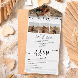 Elegante 4 Fotos Schwarz-weiß moderne Hochzeit All In One Einladung