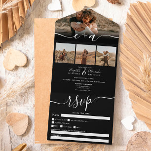 Elegante 4 Fotos Schwarz-weiß moderne Hochzeit All In One Einladung