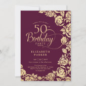 Elegante 50. Geburtstag Burgund Gold Rose Einladung (Vorderseite)