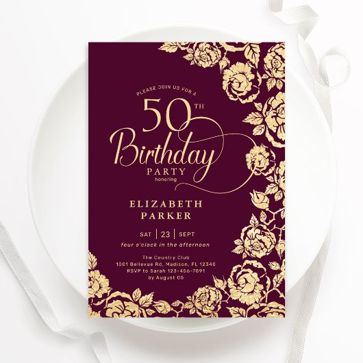 Elegante 50. Geburtstag Burgund Gold Rose Einladung