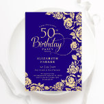 Elegante 50. Geburtstag Lila Gold-Rose Einladung<br><div class="desc">Lila goldblütige 50. Geburtstagsfeier Einladung. Elegantes Design mit Rose,  Imitaten Goldfolie und Typografie Script Schriftart. Die trendige Einladungskarte eignet sich perfekt für eine stilvolle Damenfeier. Kann für jedes Alter angepasst werden. Personalisieren Sie Ihre persönlichen Daten. Gedruckte Zazzle-Einladungen oder Sofortdownload digitaler Druckvorlage.</div>