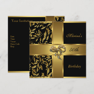 Elegante 50. Geburtstag Schwarz Gold Floral Schlei Einladung