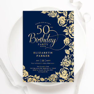 Elegante 50. Geburtstags-Navy-Gold-Rose Einladung