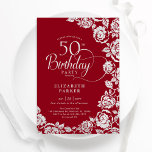 Elegante 50. Geburtstags Rot-Silber-Rose Einladung<br><div class="desc">Rot silber florale 50. Geburtstagsfeier Einladung. Elegantes Design mit Rose,  Imitaten Goldfolie und Typografie Script Schriftart. Die trendige Einladungskarte eignet sich perfekt für eine stilvolle Damenfeier. Kann für jedes Alter angepasst werden. Personalisieren Sie Ihre persönlichen Daten. Gedruckte Zazzle-Einladungen oder Sofortdownload digitaler Druckvorlage.</div>