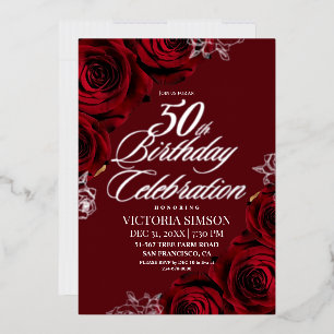 Elegante 50. Geburtstagsfeier Burgund & Silber Folieneinladung