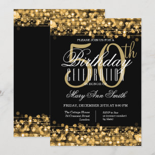 Elegante 50. Geburtstagsparty Glitzern Gold & Blac Einladung
