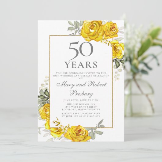 Elegante 50-jährige Jubiläumsfeier Gelbe Blumenlad Einladung (Stehend Vorderseite)