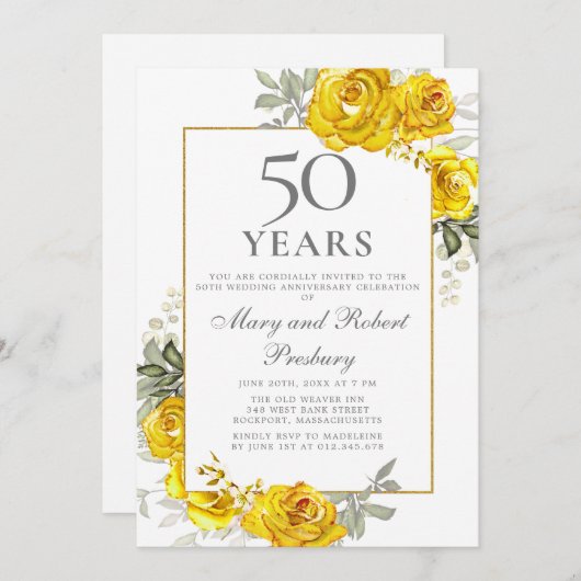 Elegante 50-jährige Jubiläumsfeier Gelbe Blumenlad Einladung (Vorne/Hinten)