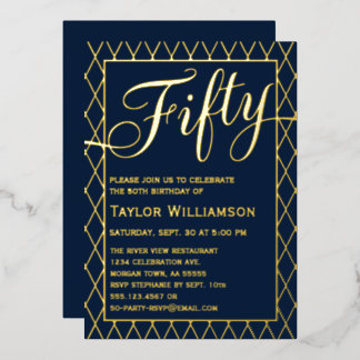 Elegante 50. Navy Blau Goldfolie Fünfzigster Gebur Folieneinladung