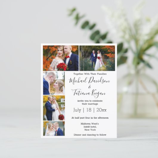 elegante 5 Fotos Collage Moderne Hochzeitseinladun (Stehend Vorderseite)