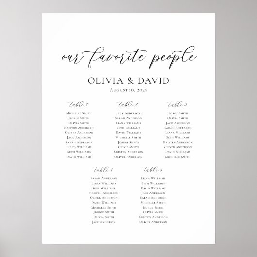 Elegante 5 Tische Unsere Lieblings-Sitzkarte Poster (Vorne)