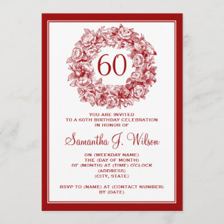 Elegante 60. Geburtstag Vintage-Rosen Rot Einladung