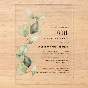 Elegante 60. Geburtstagsfeier Eukalyptus Acryleinladungen