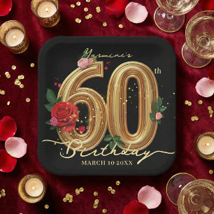 Elegante 60. Geburtstagsfeier schwarze goldene rot Pappteller