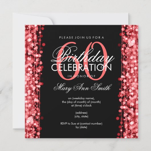 Elegante 60. Geburtstagsparty Glitzern Red Einladung (Vorderseite)