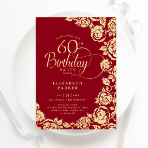 Elegante 60. GeburtstagsRed-Gold-Rose Einladung