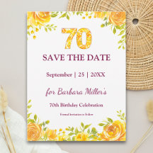 Elegante 70. Geburtstags-Gelb-Rosen-Save-the-Date-