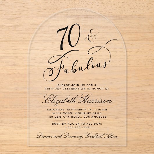 Elegante 70. Geburtstagsparty Acryleinladungen (Vorderseite)