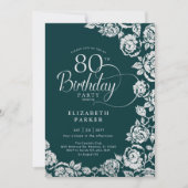 Elegante 80. Geburtstag Emerald Green Silver Rose Einladung (Vorderseite)